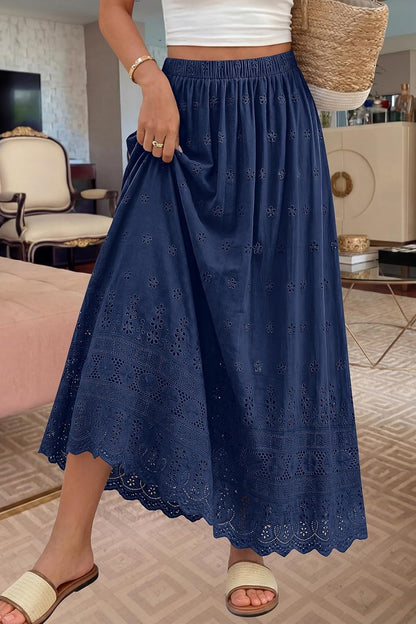 Marie Dowerme Maxi Skirt for Women – High Waist Elastic, Embroidered Cotton Bohemian A-Line