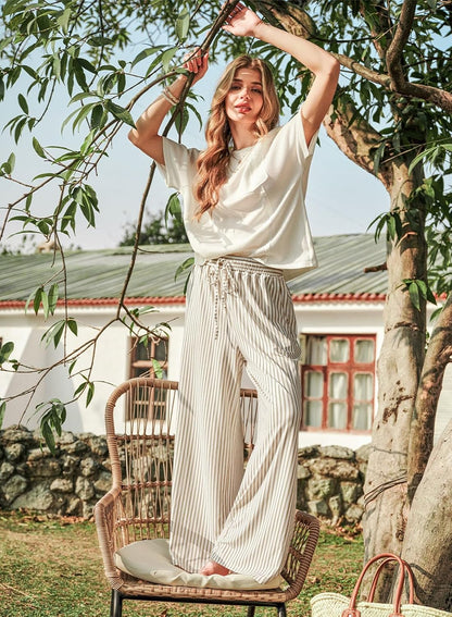 Arlyn Women's Pants – Striped Palazzo with Wide Elastic Waist & Pockets