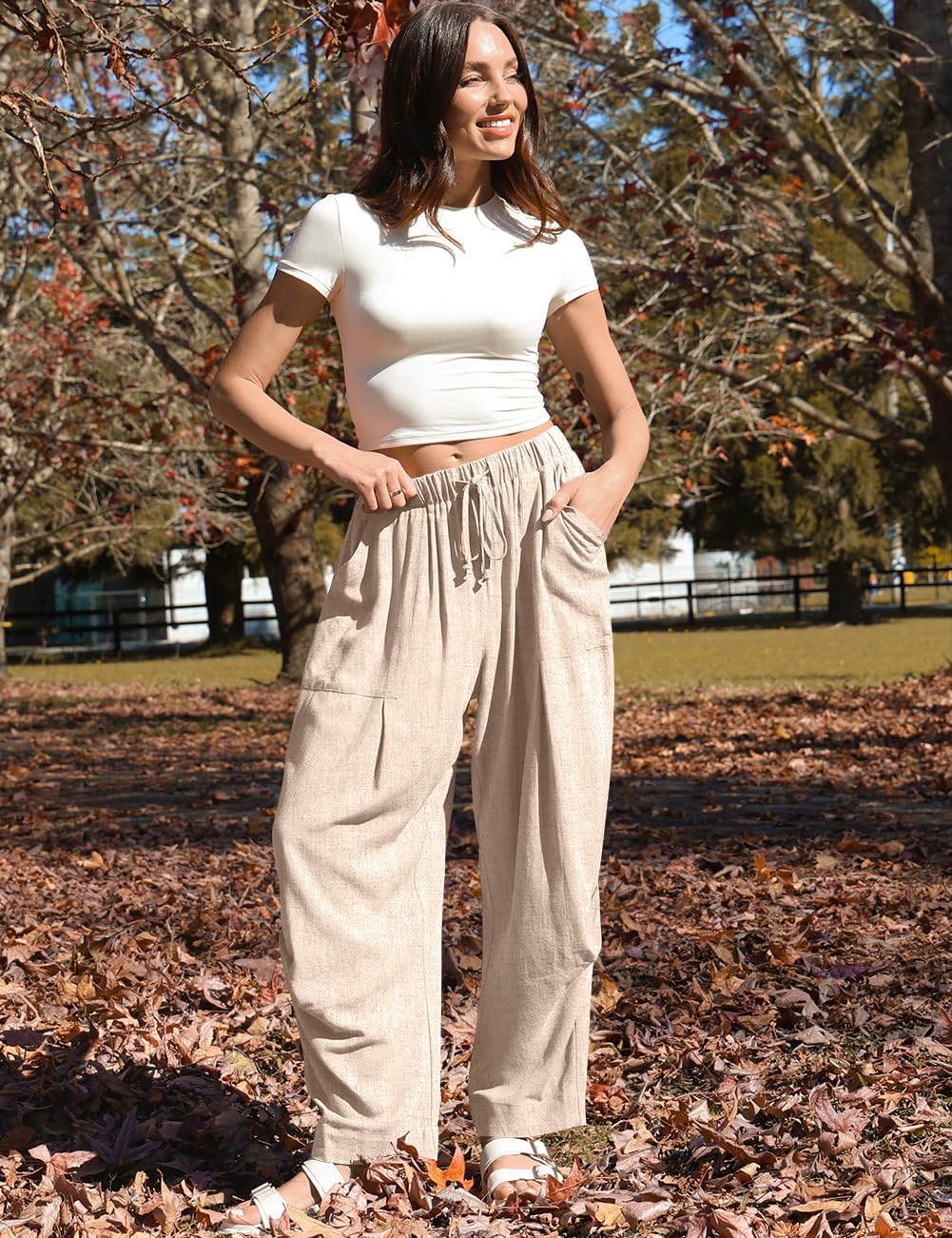 Mercedes Women's Linen Harem Pants – Wide Cut, Elastic Waist, Casual Style