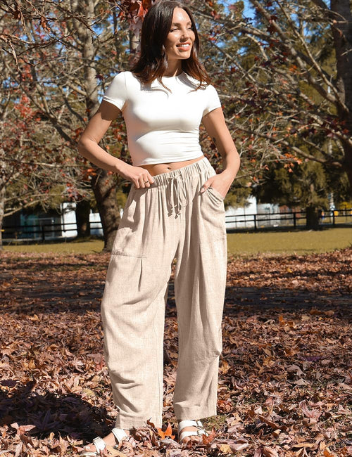 Mercedes Women's Linen Harem Pants – Wide Cut, Elastic Waist, Casual Style