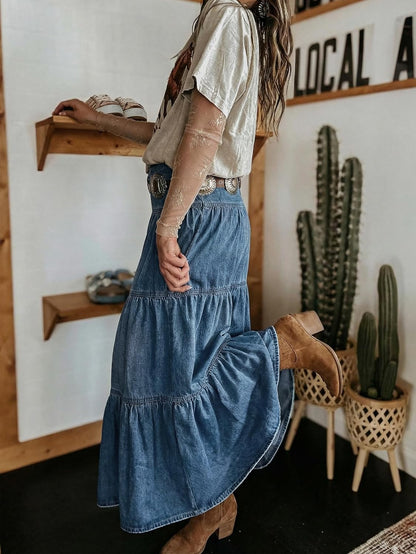 Verna Women's Denim Maxi Skirt – High Waist, Ruffles & Pockets