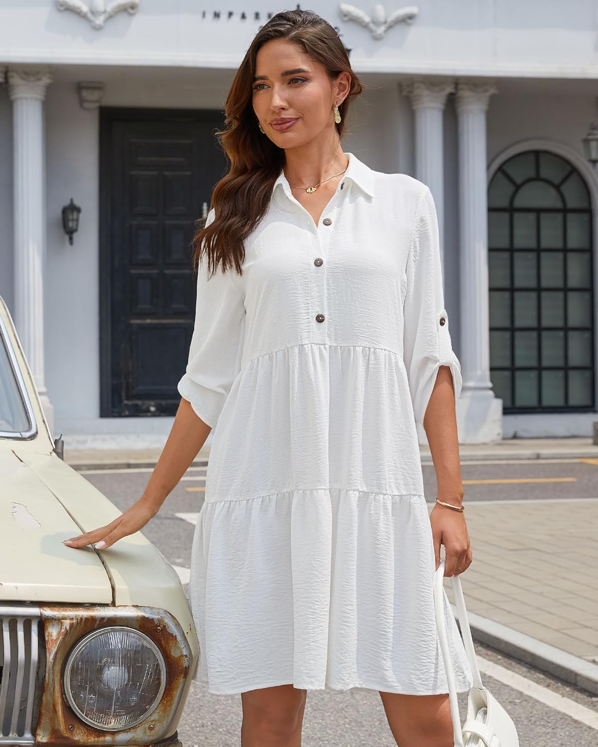 Léa Women's Shirt Dress – A-Line Buttoned Ruffle Dress with 3/4 Sleeves for Summer