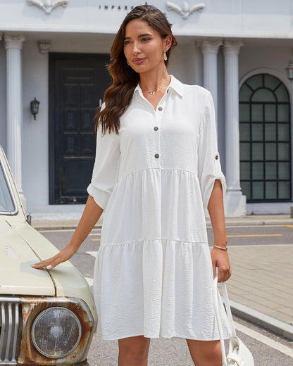 Léa Women's Shirt Dress – A-Line Buttoned Ruffle Dress with 3/4 Sleeves for Summer