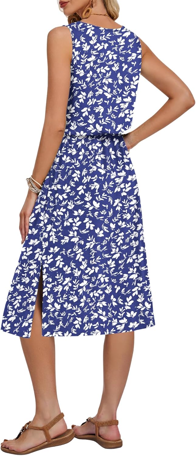 Léa Women's Dress – Sleeveless Midi Dress with Round Neck, Slit, Adjustable Waist, Pockets, Summer