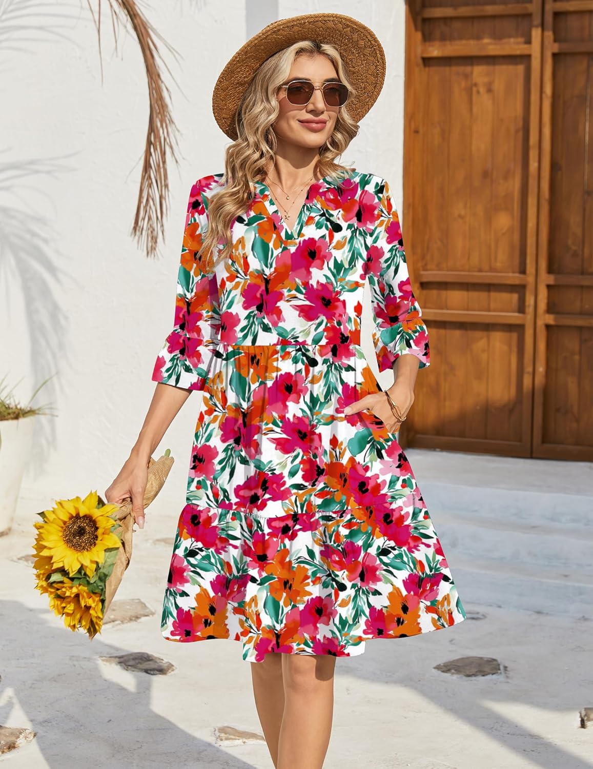 Élodie Women's V-Neck Dress – Flared Midi Dress with Ruffles and Pockets