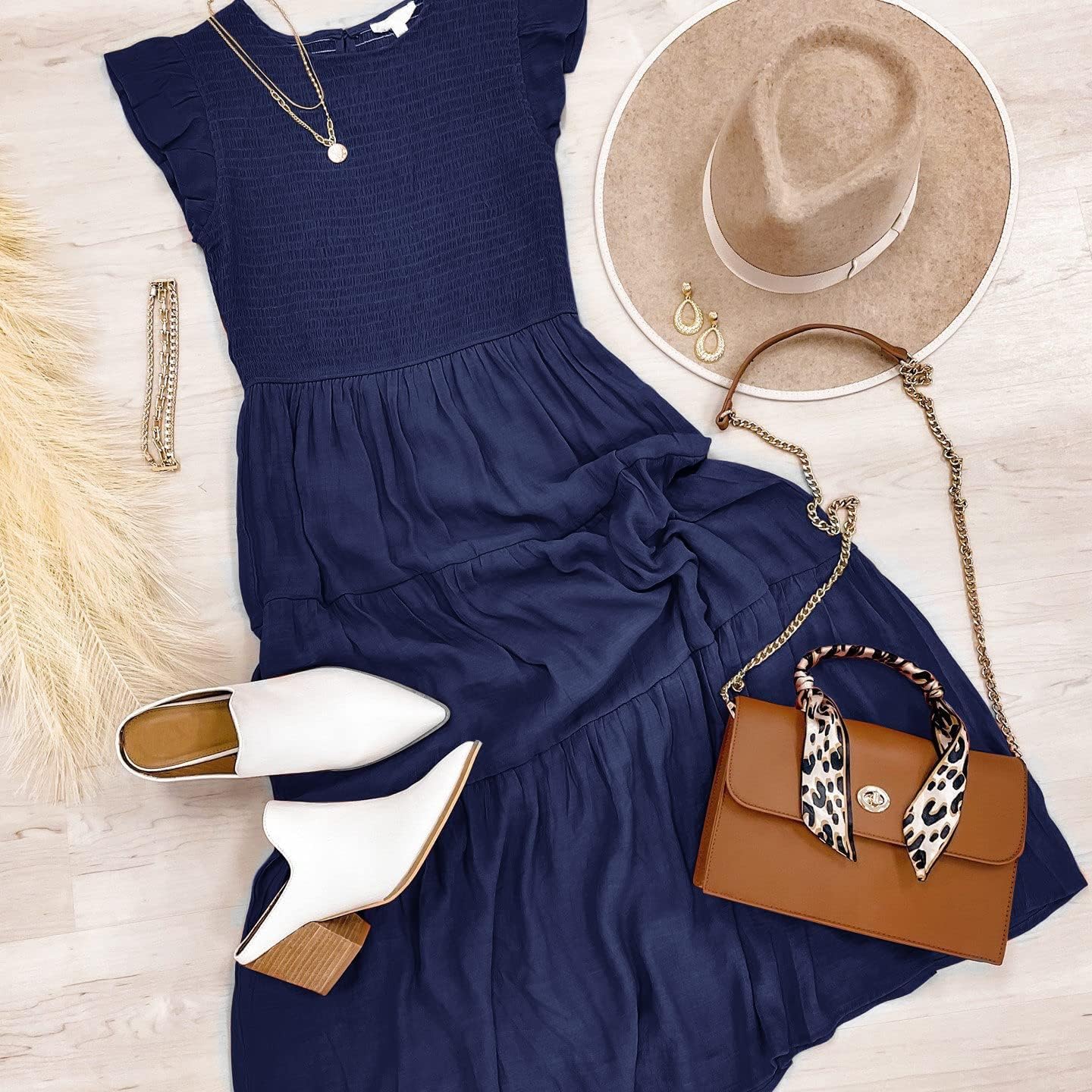 Louise Midi Dress for Women – Summer Smocked Dress with Ruffled Sleeves, Elegant A-Line Cut