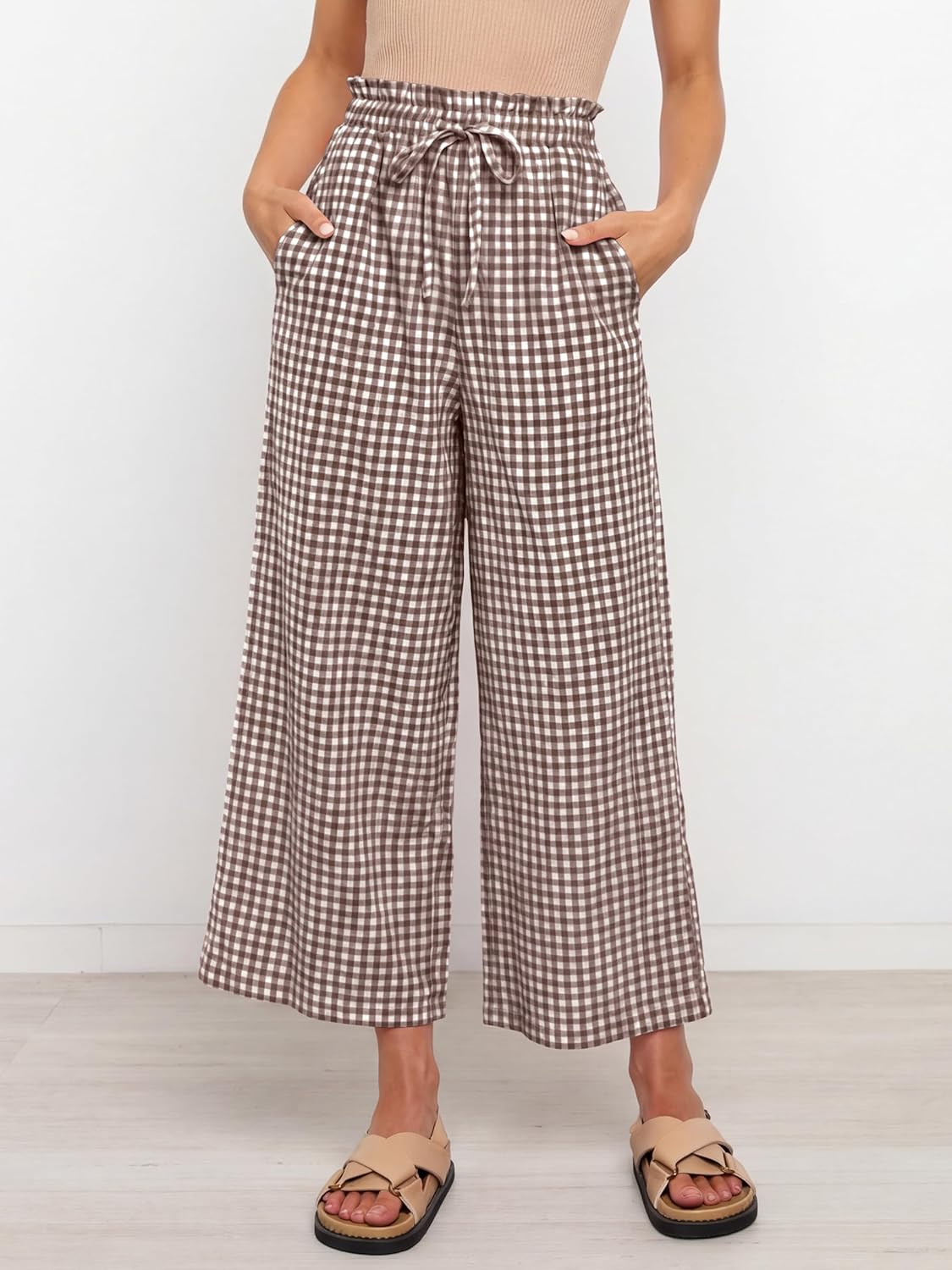 Cindy Women's Palazzo Pants – Striped Capri, Elastic Waist, Light Casual