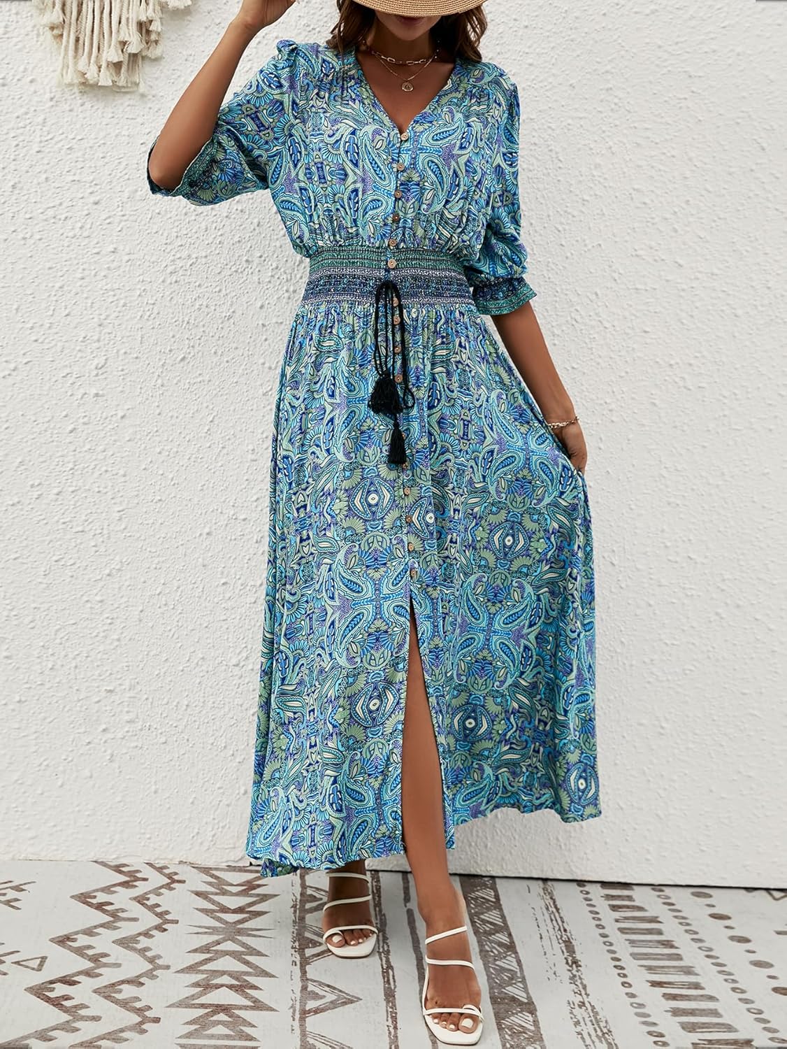 Liezl Bohemian Floral Dress for Women – V-Neck Wrap, Fluid Midi, 3/4 Sleeves