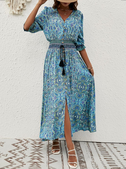 Liezl Bohemian Floral Dress for Women – V-Neck Wrap, Fluid Midi, 3/4 Sleeves