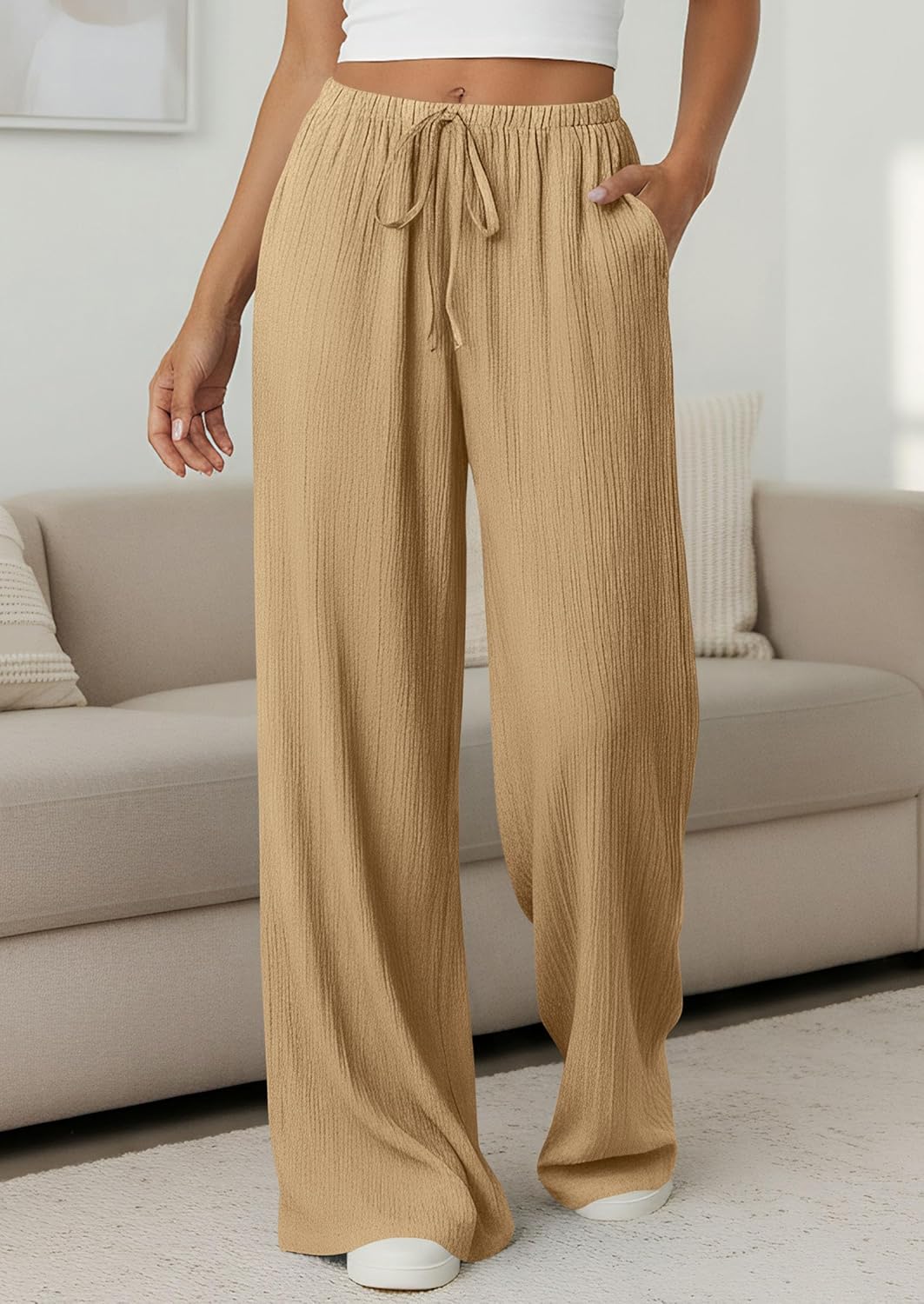Jessica Women's Pants – Palazzo Wide High Waist with Drawstring & Pockets Summer