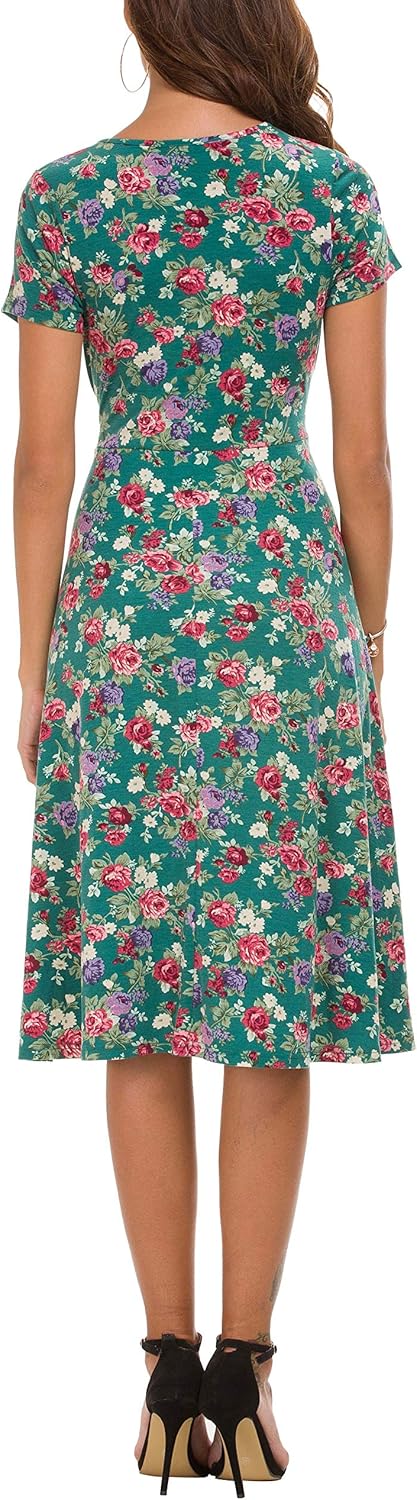 Léonie Midi Floral Dress for Women – Flared Dress with Short Sleeves and Round Neck for Summer