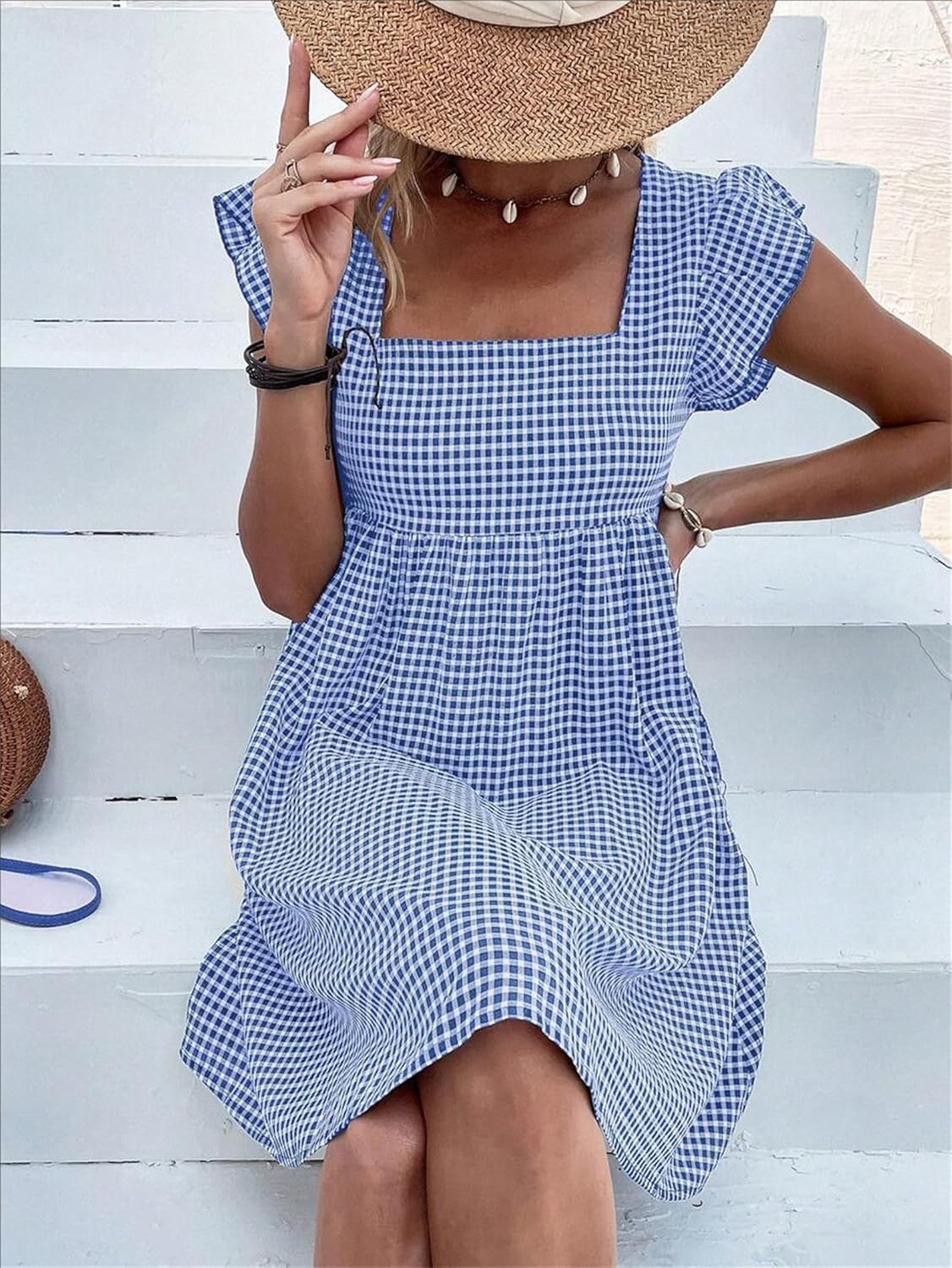 Lily Women's Dress – Midi Checkered Dress with Square Neck, Smocked Waist, Ruffles, A-Line, Summer