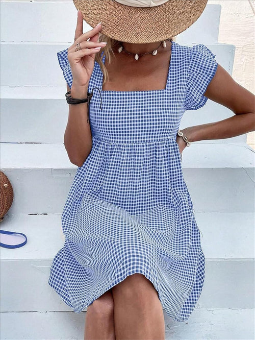 Lily Women's Dress – Midi Checkered Dress with Square Neck, Smocked Waist, Ruffles, A-Line, Summer