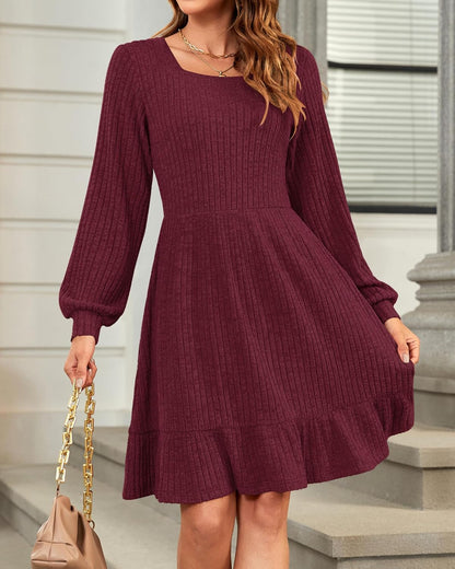 Elise Women's Knit Dress – Square Neck Long Sleeve Dress for Autumn Winter