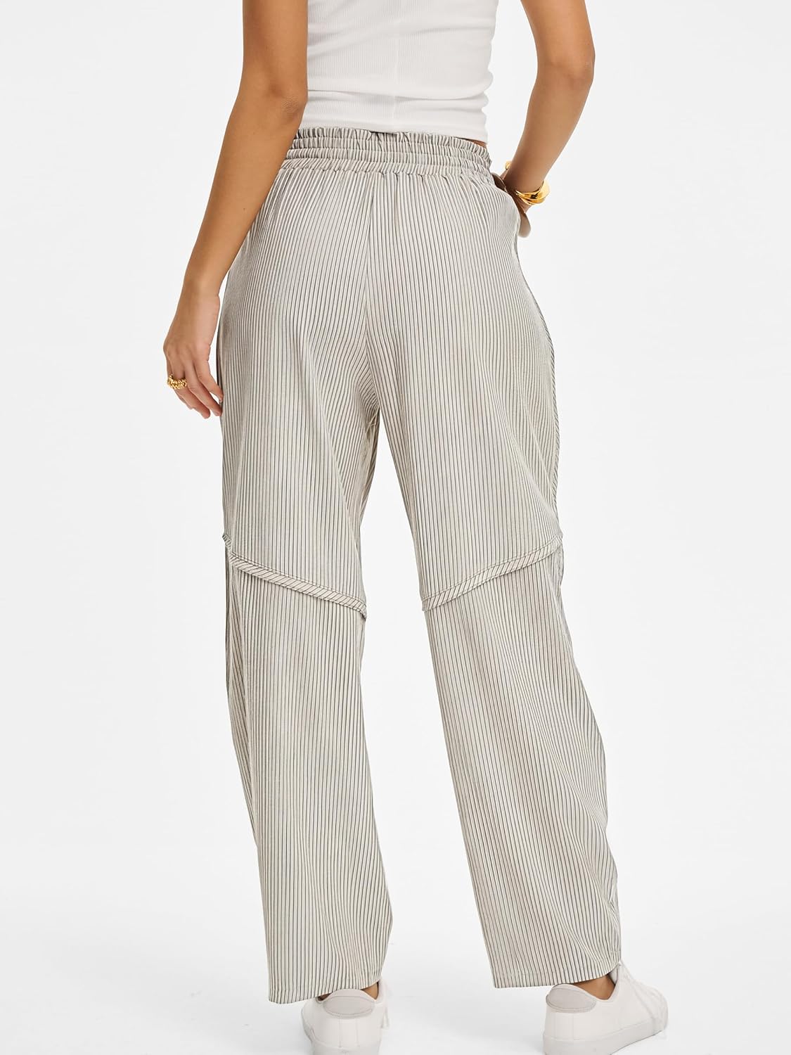 Kim Women's Striped Barrel Pants – Wide Fit, Elastic Waist, Casual Style