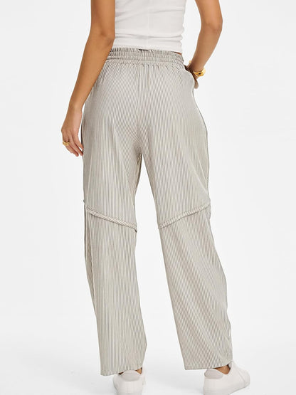 Kim Women's Striped Barrel Pants – Wide Fit, Elastic Waist, Casual Style