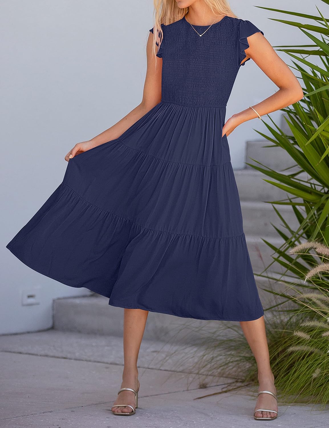 Louise Midi Dress for Women – Summer Smocked Dress with Ruffled Sleeves, Elegant A-Line Cut