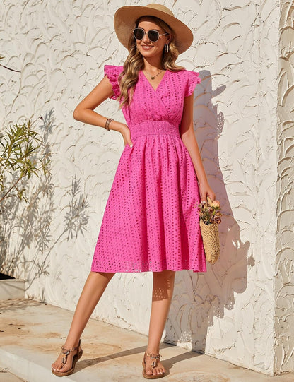 Elise Midi Dress for Women in Cotton – Bohemian Dress with V-Neck, Ruffles, and Pockets