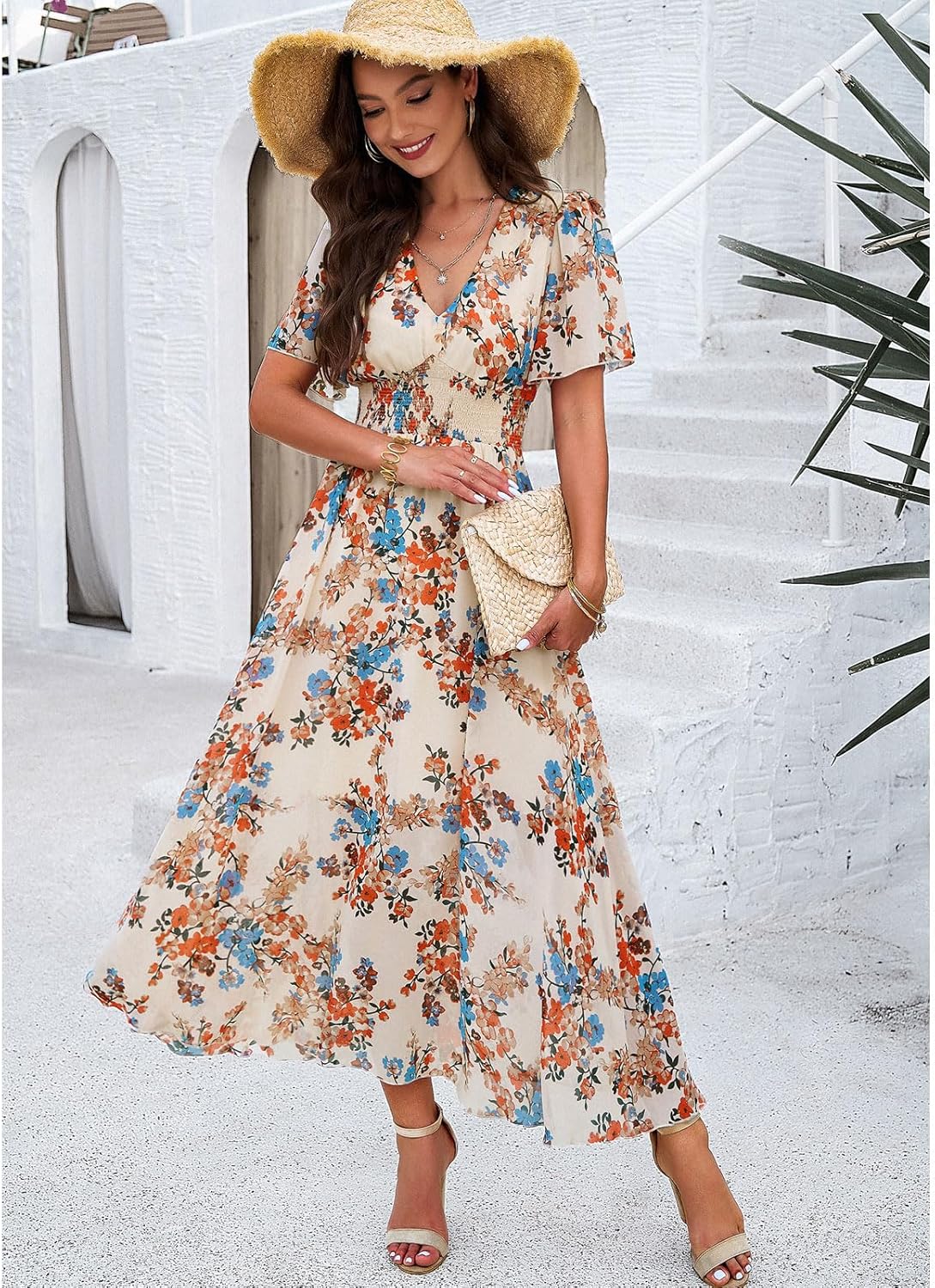 Dianne Floral Dress for Women – V-Neck, Short Sleeves, Flowing Cut, Casual Summer
