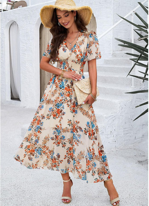 Dianne Floral Dress for Women – V-Neck, Short Sleeves, Flowing Cut, Casual Summer