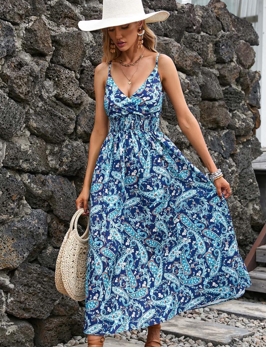 Léa Summer Dress for Women – Elegant Bohemian Floral Dress with V-Neck and Straps for the Beach
