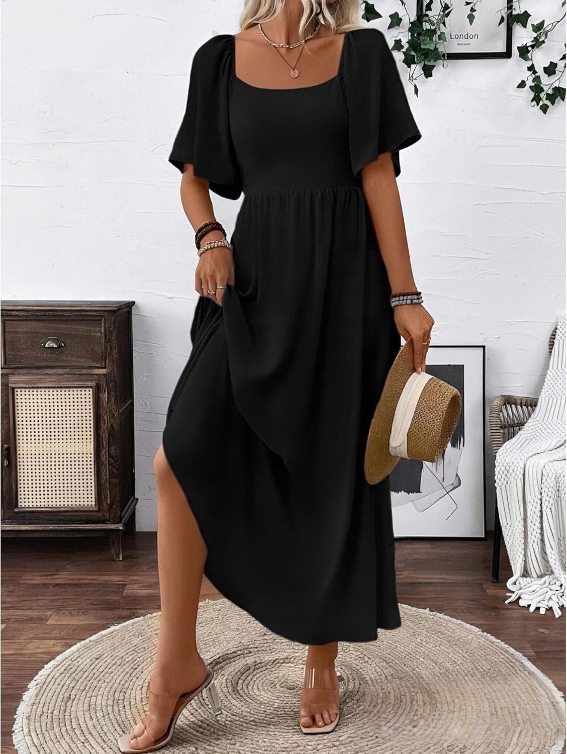 Patricia Women's Maxi Dress – Square Neck, Flowing A-Line Cut, Batwing Sleeves for Summer