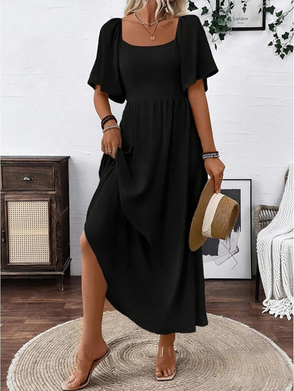 Patricia Women's Maxi Dress – Square Neck, Flowing A-Line Cut, Batwing Sleeves for Summer