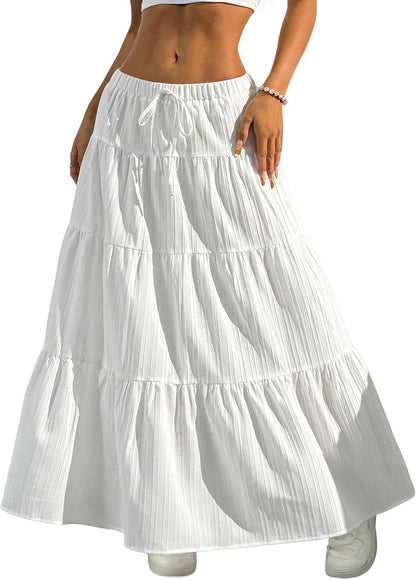 Dori Maxi Skirt for Women – White Bohemian High-Waisted Ruffled A-Line Skirt