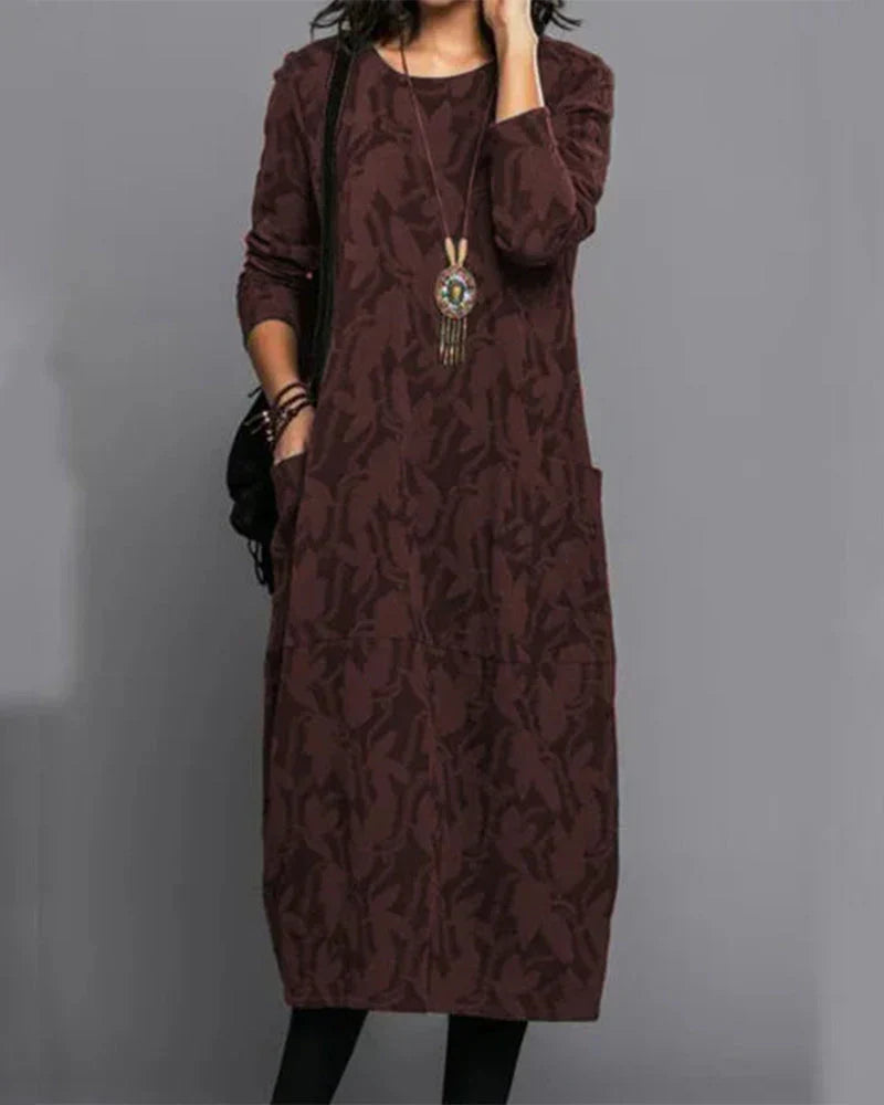 Isabella Long Dress for Women – Comfortable Fleece Dress with Long Sleeves, Pockets, and Trendy Floral Pattern