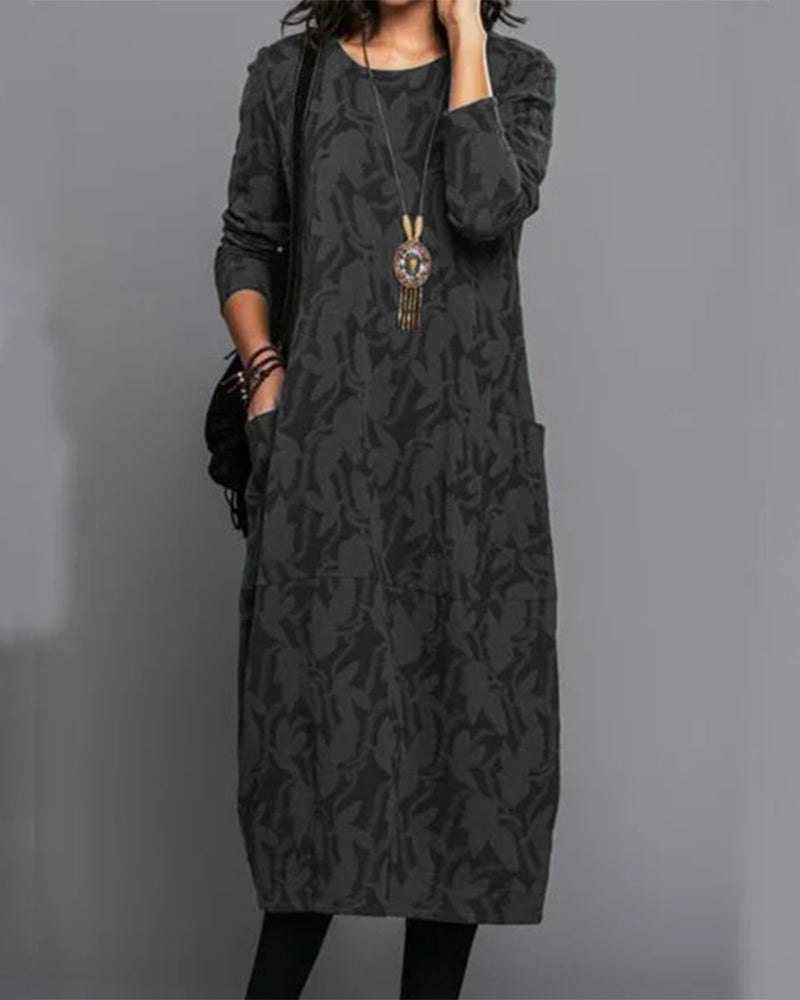 Isabella Long Dress for Women – Comfortable Fleece Dress with Long Sleeves, Pockets, and Trendy Floral Pattern