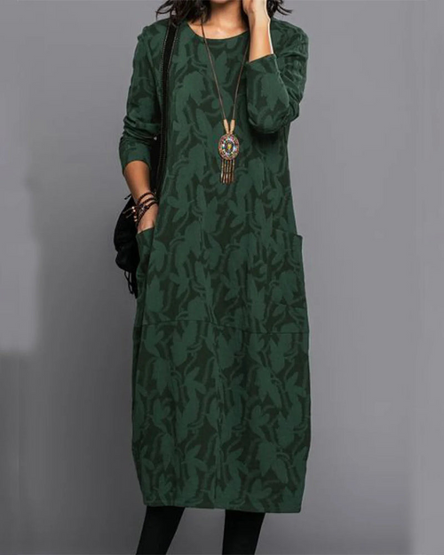 Isabella Long Dress for Women – Comfortable Fleece Dress with Long Sleeves, Pockets, and Trendy Floral Pattern