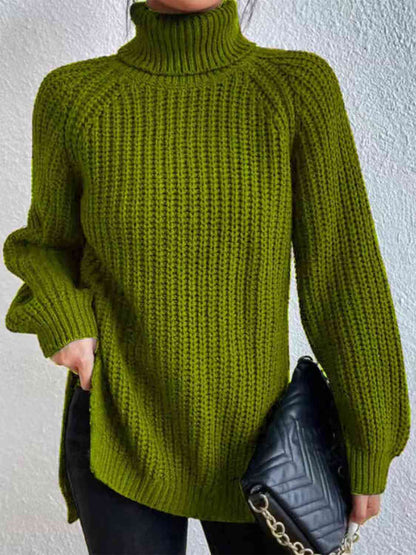 Angela Pull Femme – Pull à Col Roulé Côtelé avec Fente Latérale Chic pour Automne/Hiver Élégant