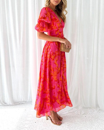 Dorothy Classic Women's Dress – V-Neck & Puff Sleeves in Elegant Rose Red
