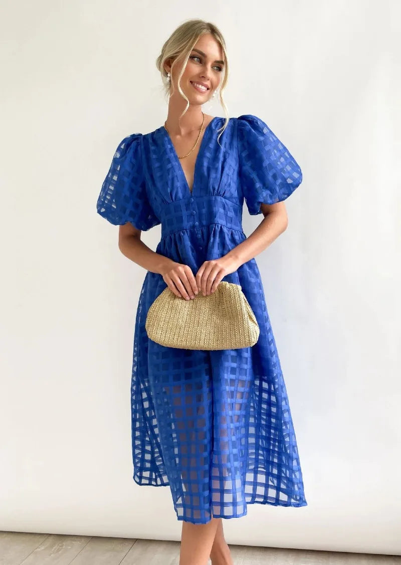 Mylene Robe Midi Femme – Robe à Carreaux Chic avec Volume & Couleur Vive
