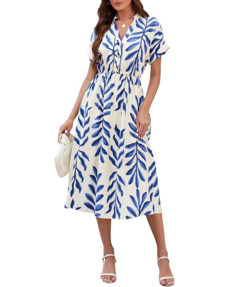 Rosita Bohemian Women's Dress – V-Neck, Short Sleeves, High Waist, Pockets Summer
