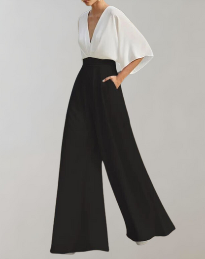 Suzette Women's Jumpsuit – Elegant Jumpsuit with Deep V-Neck & Wide Legs for a Refined Look