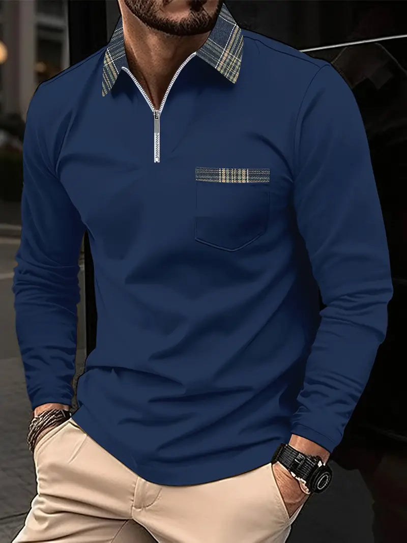 Frank Polo Manches Longues – Col Zippé & Motif Carreaux, Élégance et Confort Homme