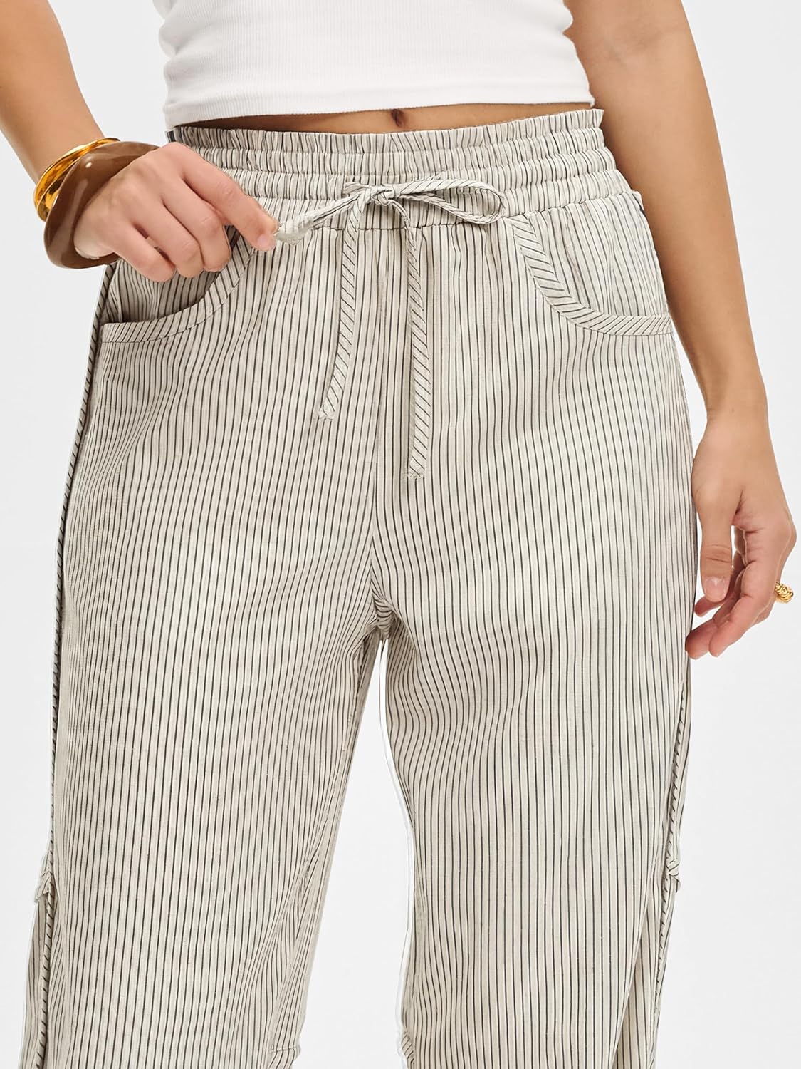 Kim Women's Striped Barrel Pants – Wide Fit, Elastic Waist, Casual Style