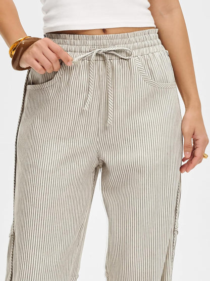 Kim Women's Striped Barrel Pants – Wide Fit, Elastic Waist, Casual Style