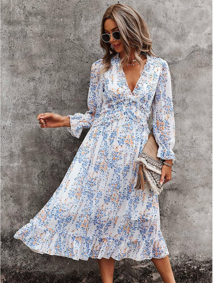 Alexa Floral Dress for Women – V-Neck, Long Sleeves, Casual Elegant Flowing Cut