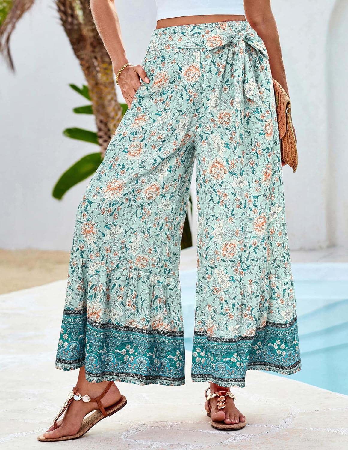 Zainab Women's Bohemian Palazzo Pants – Wide Flowing Cut, High Elastic Waist Summer