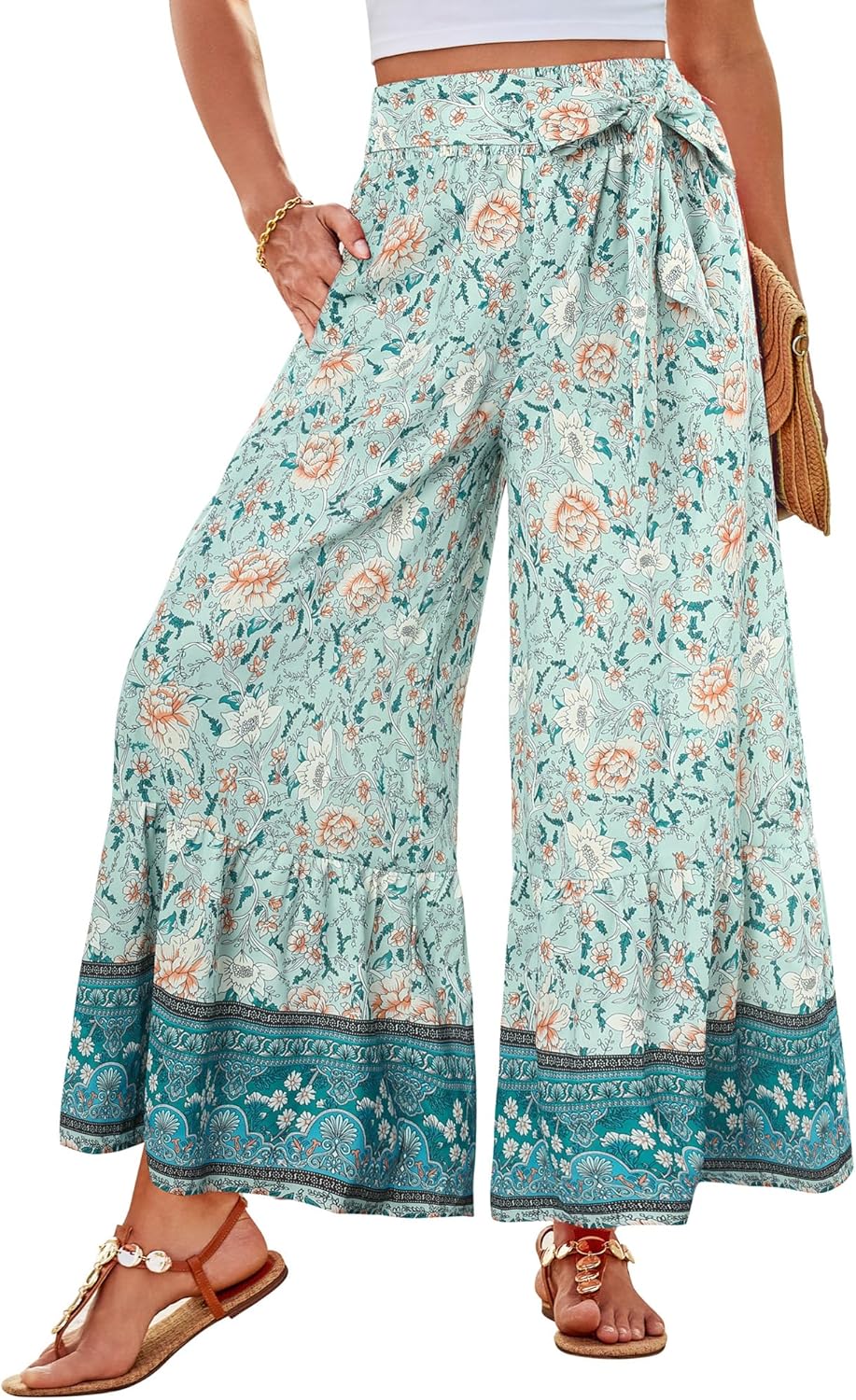 Zainab Women's Bohemian Palazzo Pants – Wide Flowing Cut, High Elastic Waist Summer