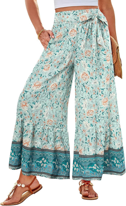 Zainab Women's Bohemian Palazzo Pants – Wide Flowing Cut, High Elastic Waist Summer