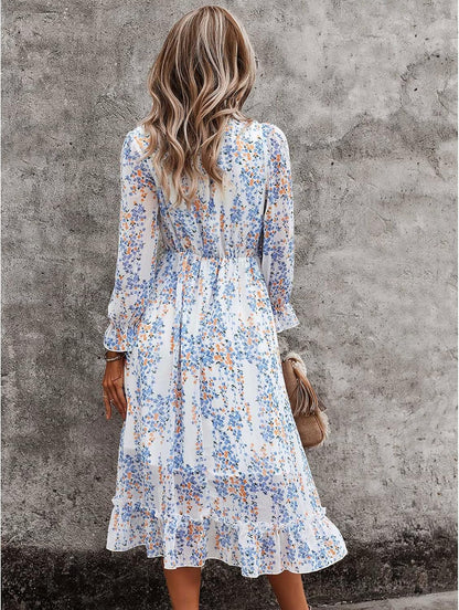 Alexa Floral Dress for Women – V-Neck, Long Sleeves, Casual Elegant Flowing Cut