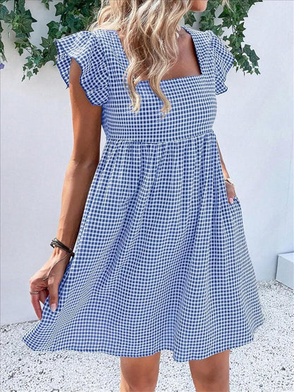 Lily Women's Dress – Midi Checkered Dress with Square Neck, Smocked Waist, Ruffles, A-Line, Summer