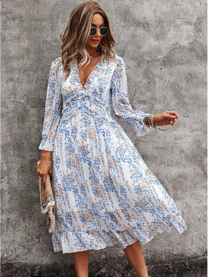 Alexa Floral Dress for Women – V-Neck, Long Sleeves, Casual Elegant Flowing Cut