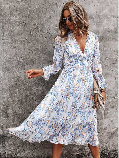 Alexa Floral Dress for Women – V-Neck, Long Sleeves, Casual Elegant Flowing Cut