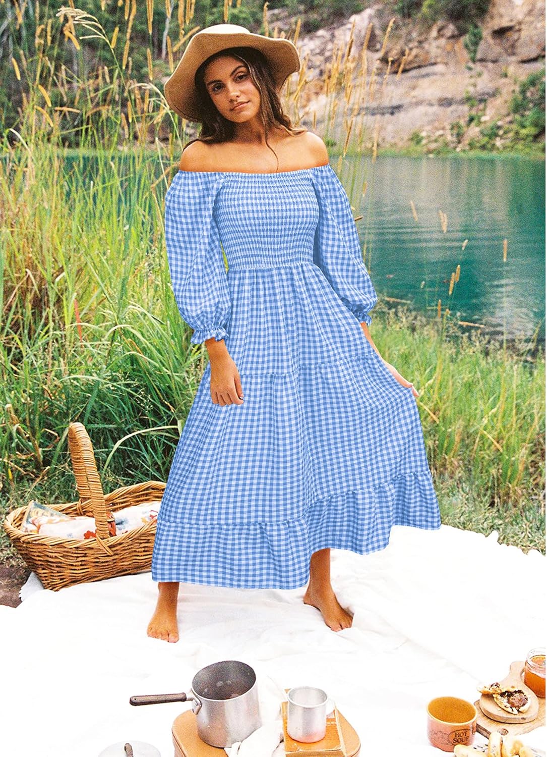 Léonie Bohemian Dress for Women – Off-Shoulder Ruffled Checkered Midi Summer Dress