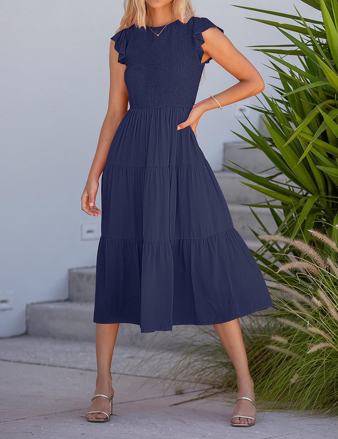 Louise Midi Dress for Women – Summer Smocked Dress with Ruffled Sleeves, Elegant A-Line Cut