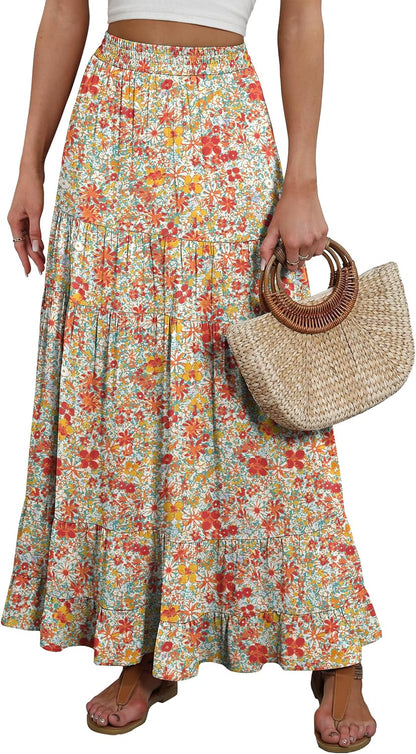 Rita Jupe Maxi Femme – High Waist Bohemian Rayon Ruffled A-Line Skirt